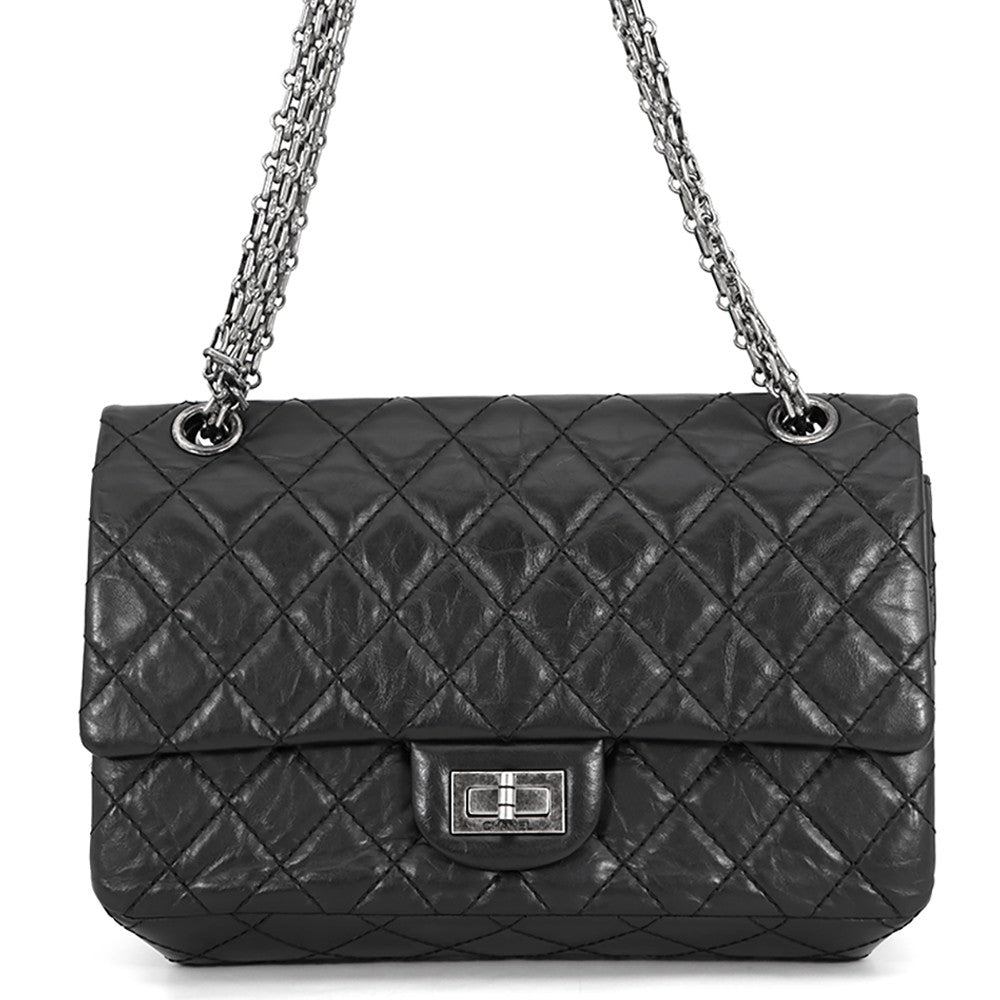 CHANEL 2.55 Double Flap Chain Shoulder Bag BlackA37586 Aged Calf Leather Size 24
