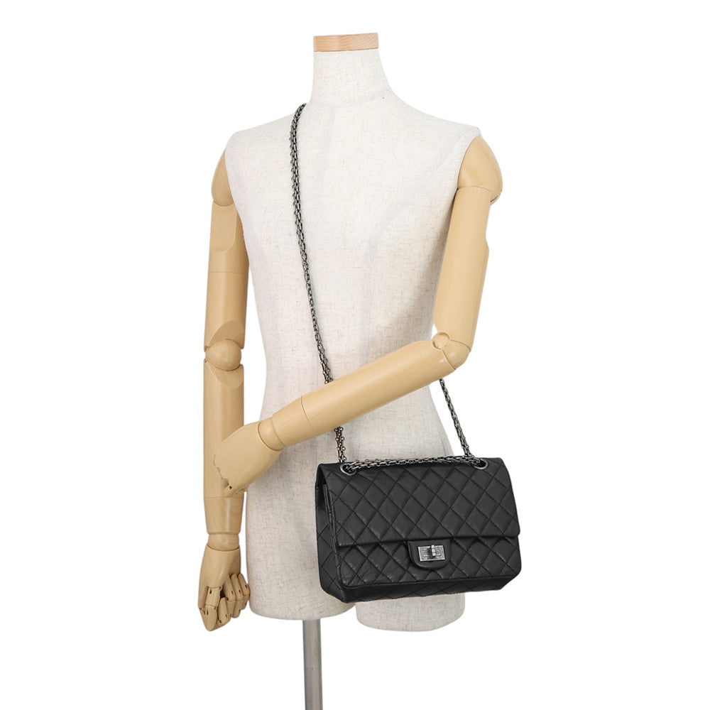 CHANEL 2.55 Double Flap Chain Shoulder Bag BlackA37586 Aged Calf Leather Size 24
