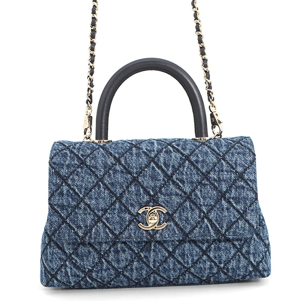 CHANEL Matelasse Coco Handle Top Handle Denim Flap Bag BlueA92990 B23338 U7740 Washed denim, cotton, calf leather Size XS