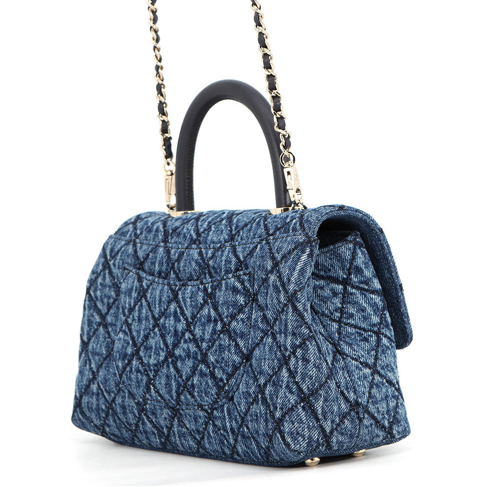 CHANEL Matelasse Coco Handle Top Handle Denim Flap Bag BlueA92990 B23338 U7740 Washed denim, cotton, calf leather Size XS