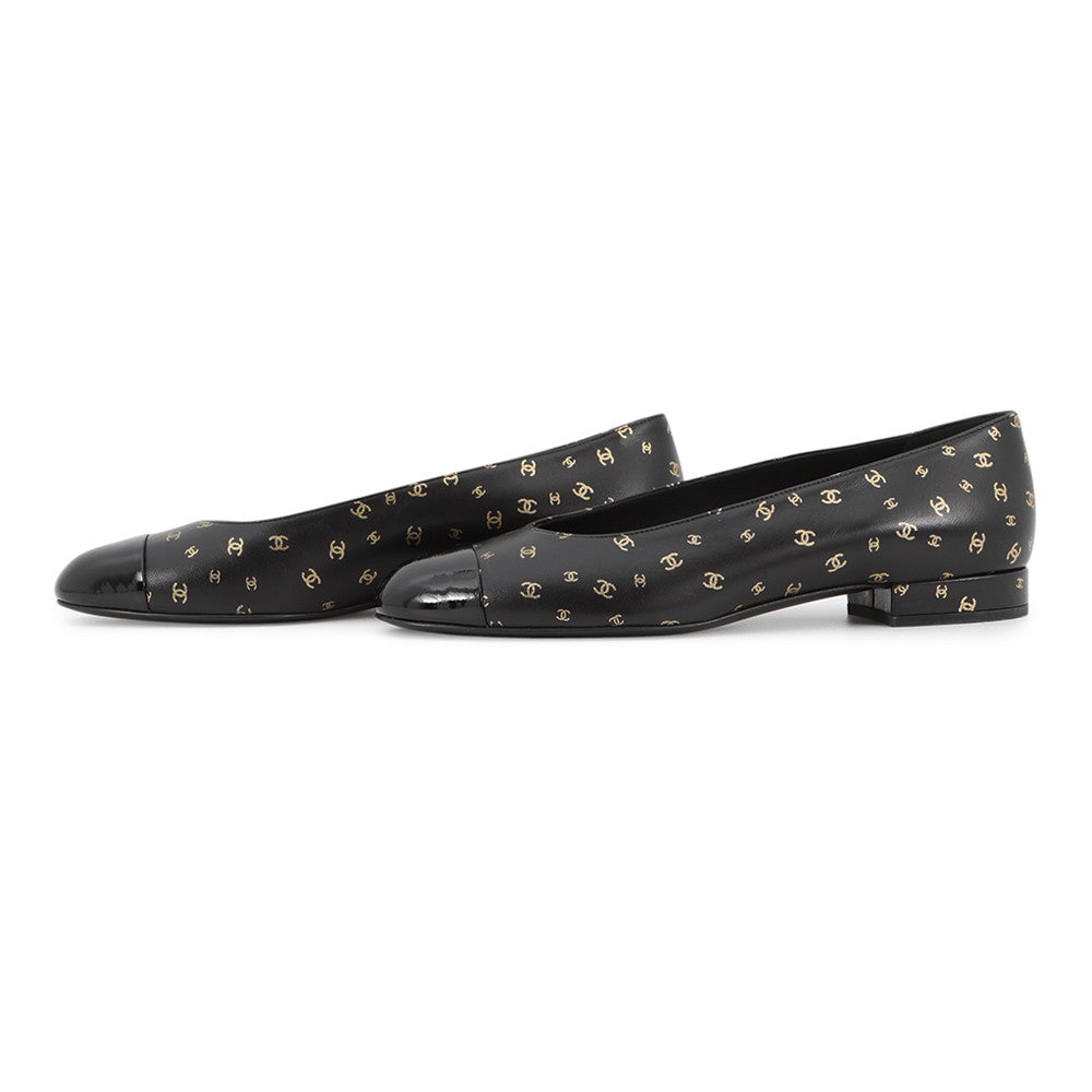 CHANEL Ballerina Flat Pumps Black/GoldG45127 Lambskin Patent Leather Size 37 1/2