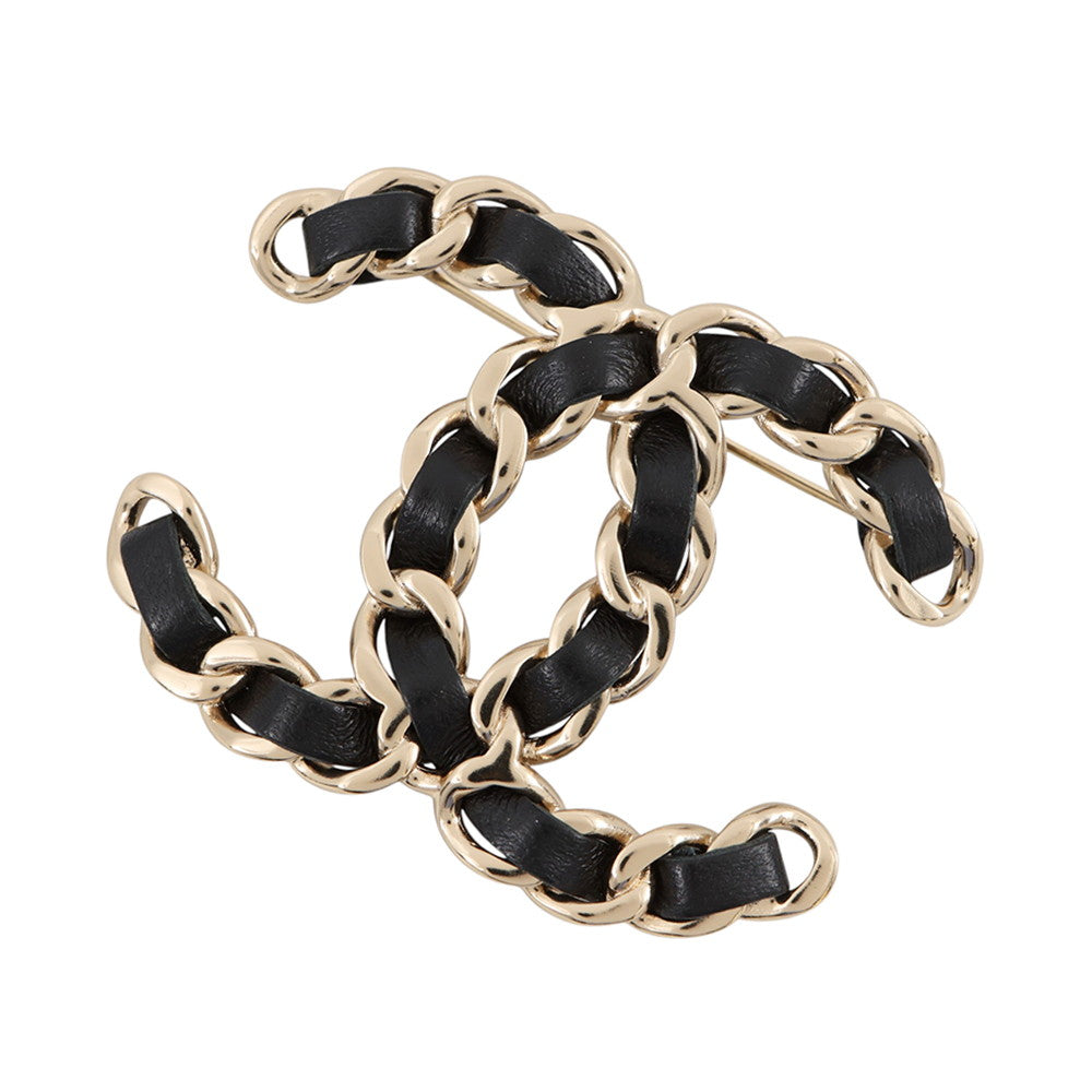 CHANEL CC Logo Brooch Black Gold Plated Leather