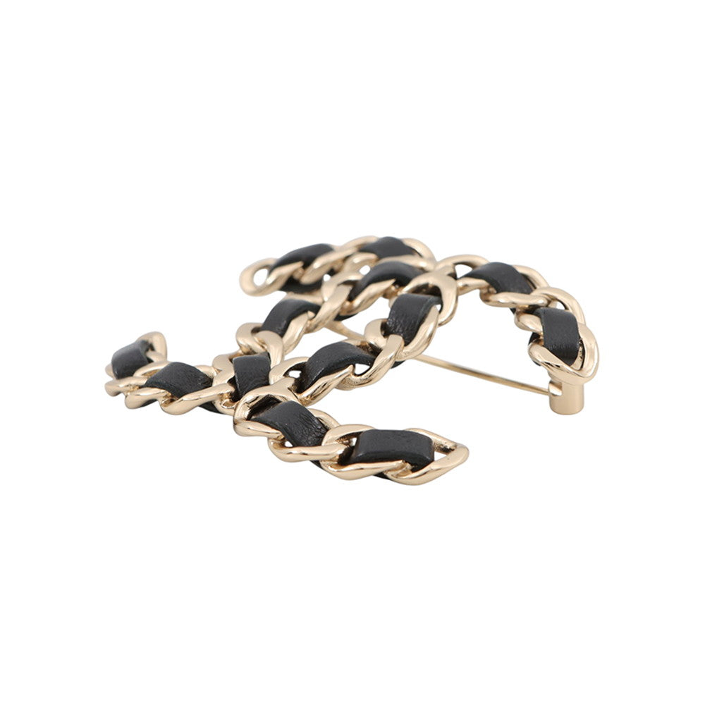 CHANEL CC Logo Brooch Black Gold Plated Leather