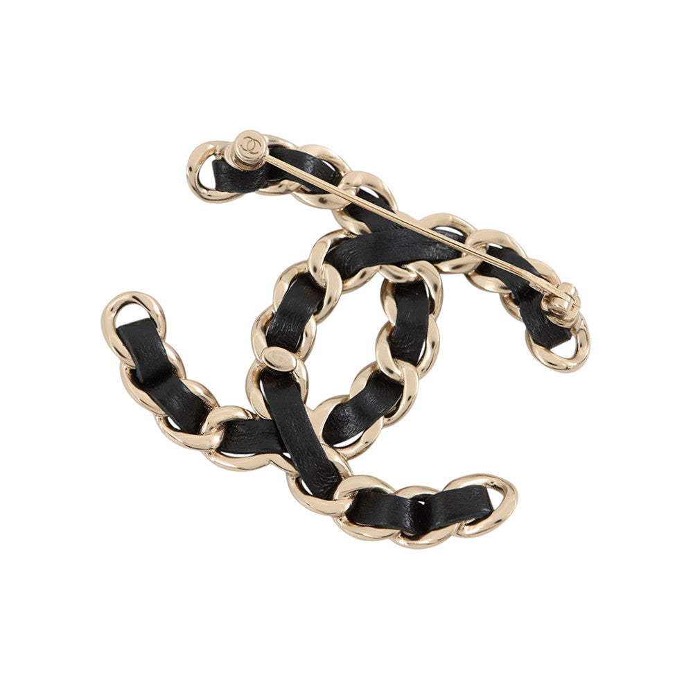 CHANEL CC Logo Brooch Black Gold Plated Leather