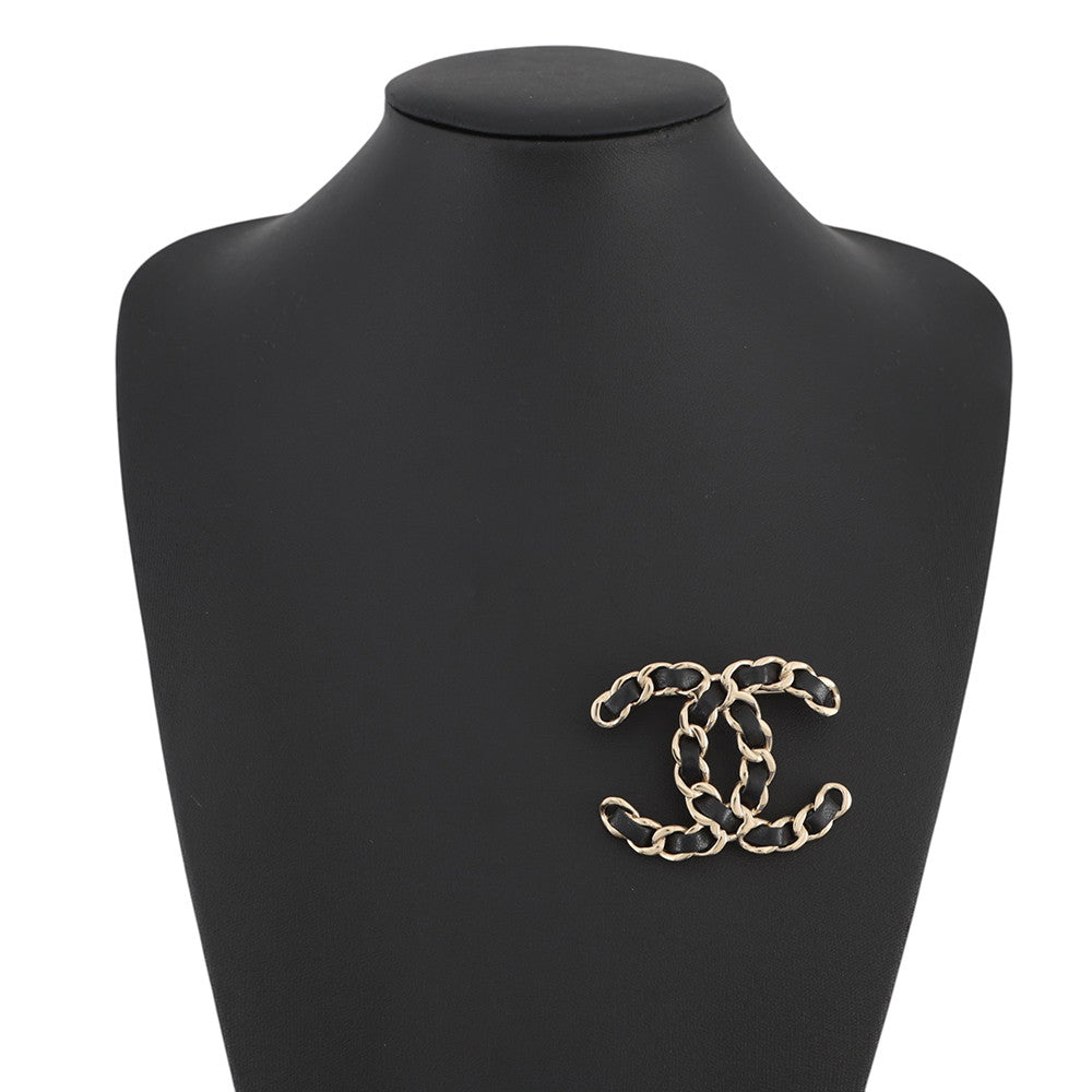 CHANEL CC Logo Brooch Black Gold Plated Leather
