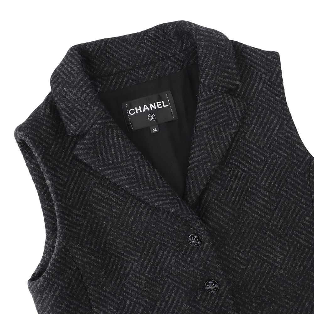 CHANEL Wool Tweed Vest Size 38 Black/GrayP78192 Wool 100%