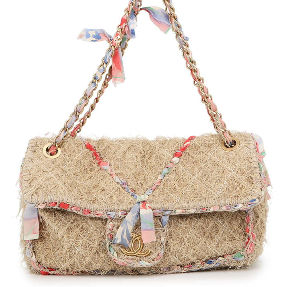 CHANEL Matelasse Double Chain Shoulder Bag Beige/Multicolor Raffia Size 30