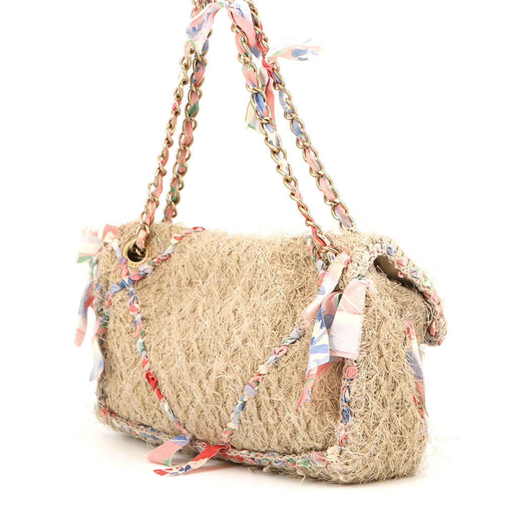 CHANEL Matelasse Double Chain Shoulder Bag Beige/Multicolor Raffia Size 30