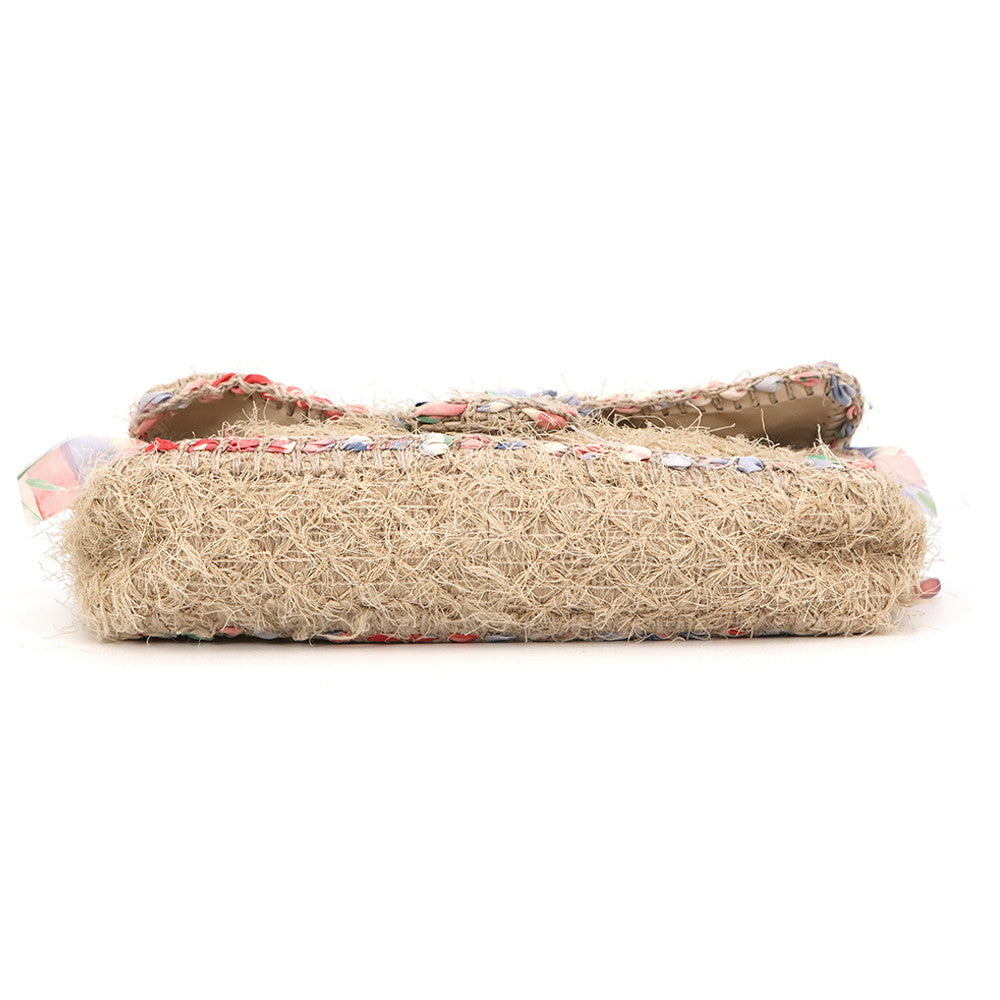 CHANEL Matelasse Double Chain Shoulder Bag Beige/Multicolor Raffia Size 30