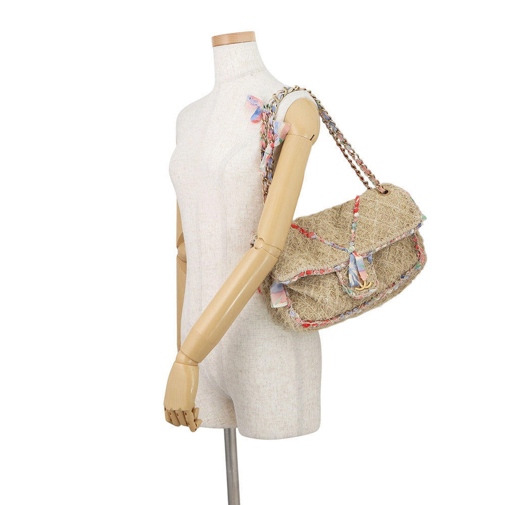 CHANEL Matelasse Double Chain Shoulder Bag Beige/Multicolor Raffia Size 30