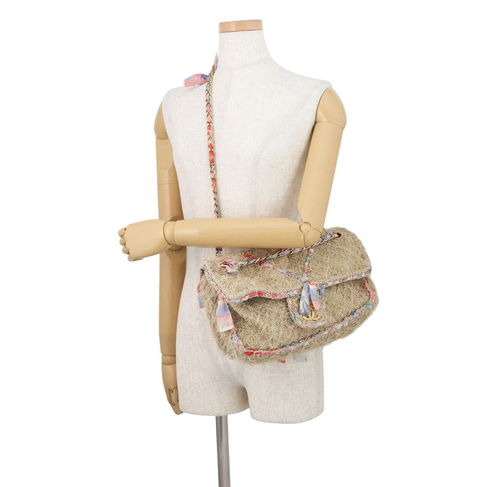 CHANEL Matelasse Double Chain Shoulder Bag Beige/Multicolor Raffia Size 30