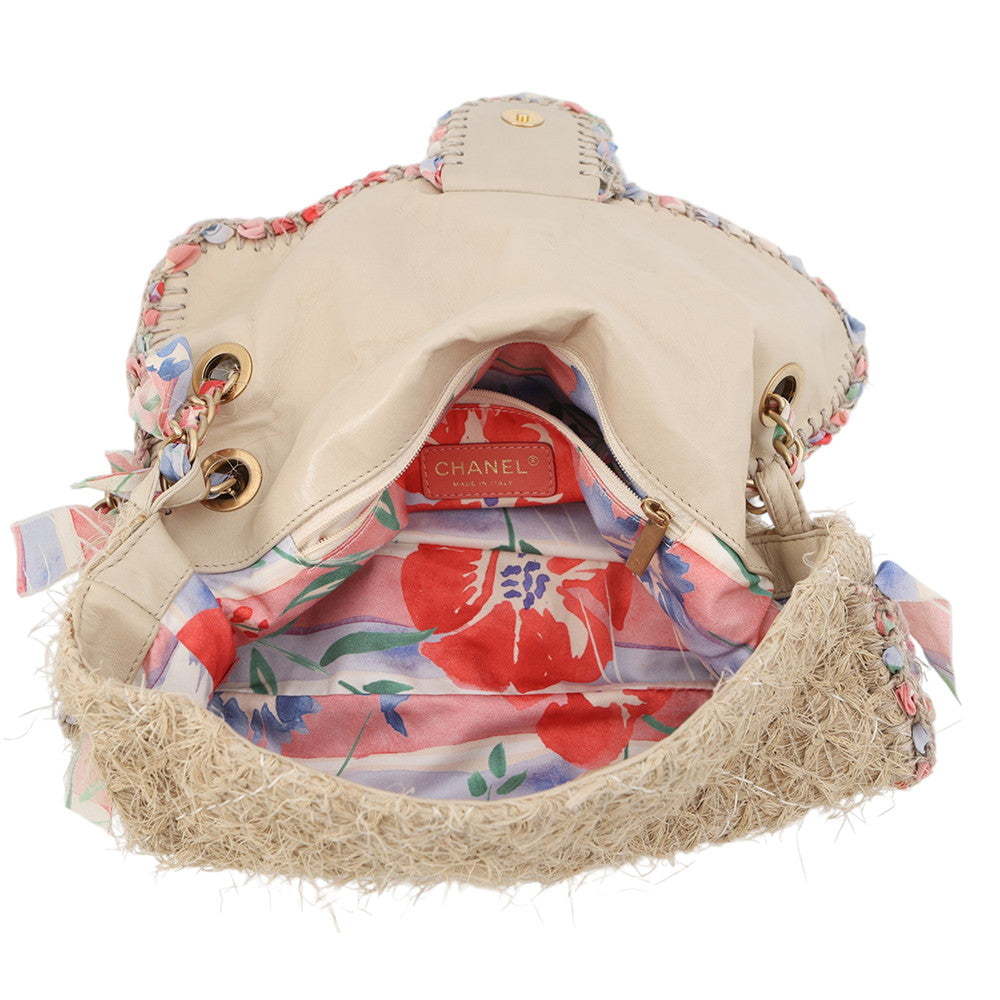 CHANEL Matelasse Double Chain Shoulder Bag Beige/Multicolor Raffia Size 30