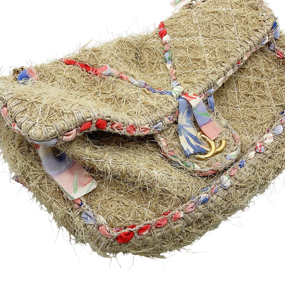 CHANEL Matelasse Double Chain Shoulder Bag Beige/Multicolor Raffia Size 30