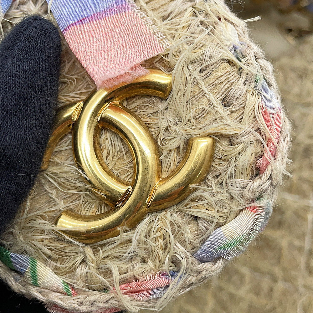 CHANEL Matelasse Double Chain Shoulder Bag Beige/Multicolor Raffia Size 30