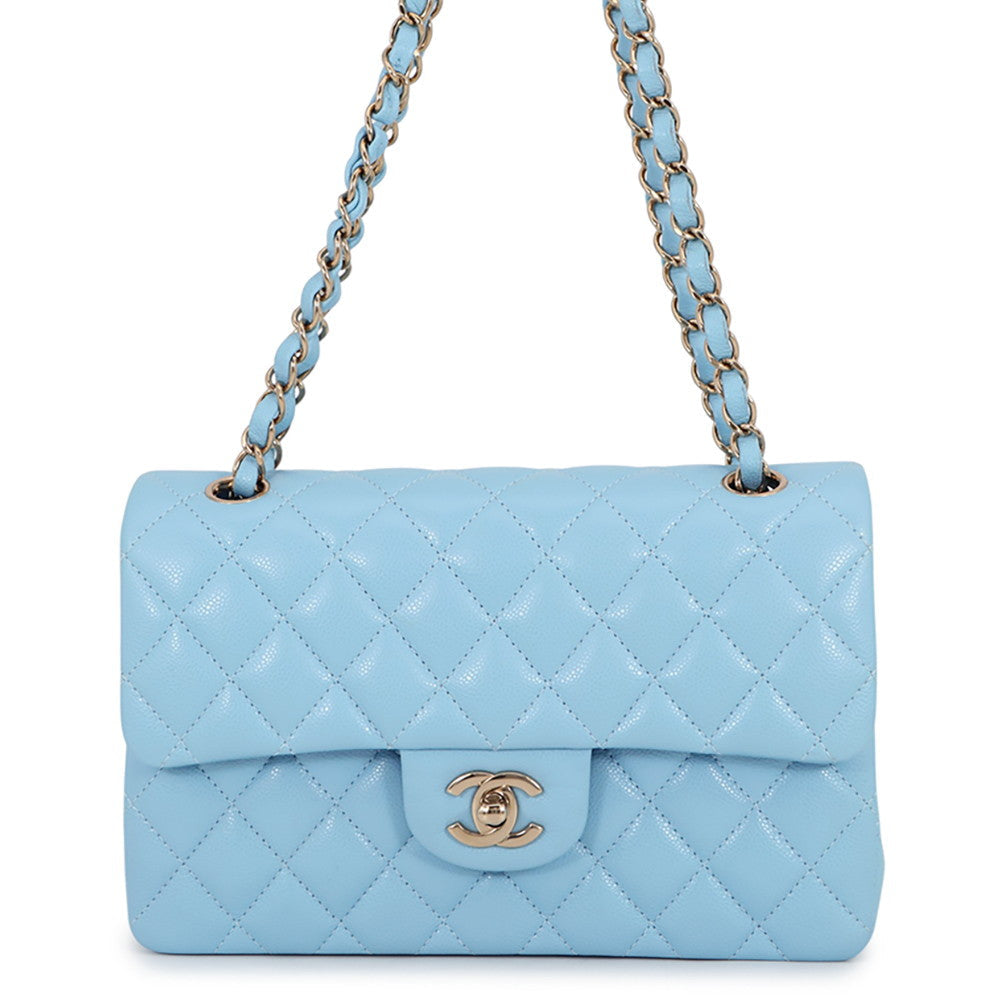 CHANEL Matelasse W Flap ChainShoulder Bag Sky BlueA01113 Caviar Leather Size 23
