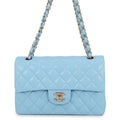 CHANEL Matelasse W Flap ChainShoulder Bag Sky BlueA01113 Caviar Leather Size 23