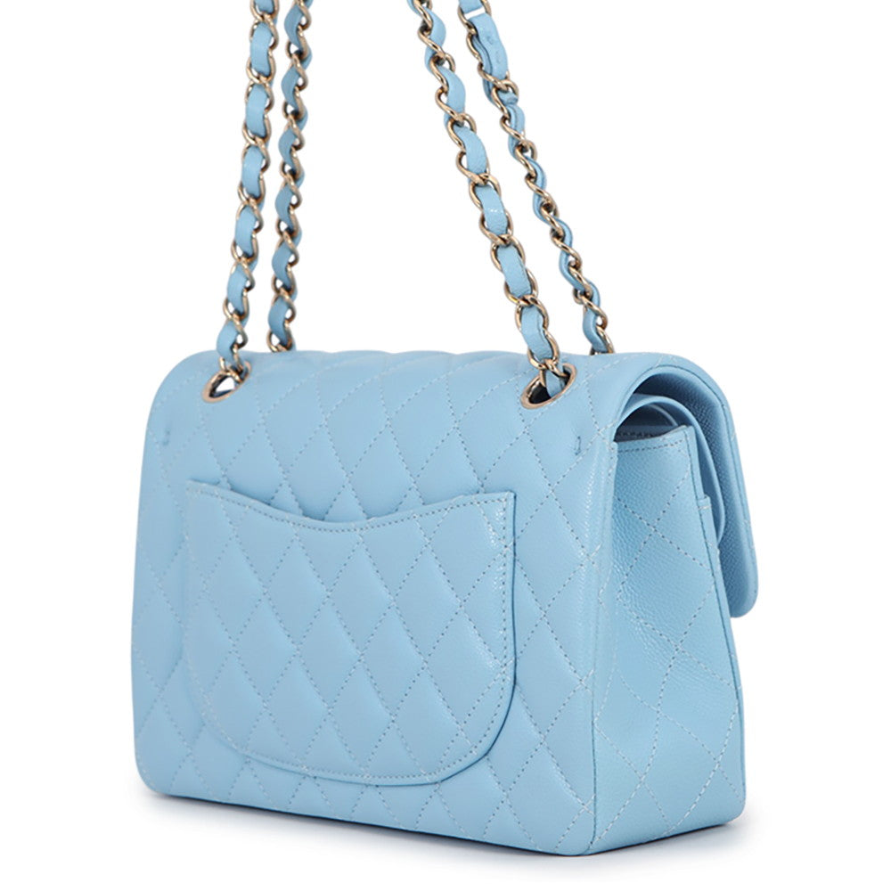 CHANEL Matelasse W Flap ChainShoulder Bag Sky BlueA01113 Caviar Leather Size 23