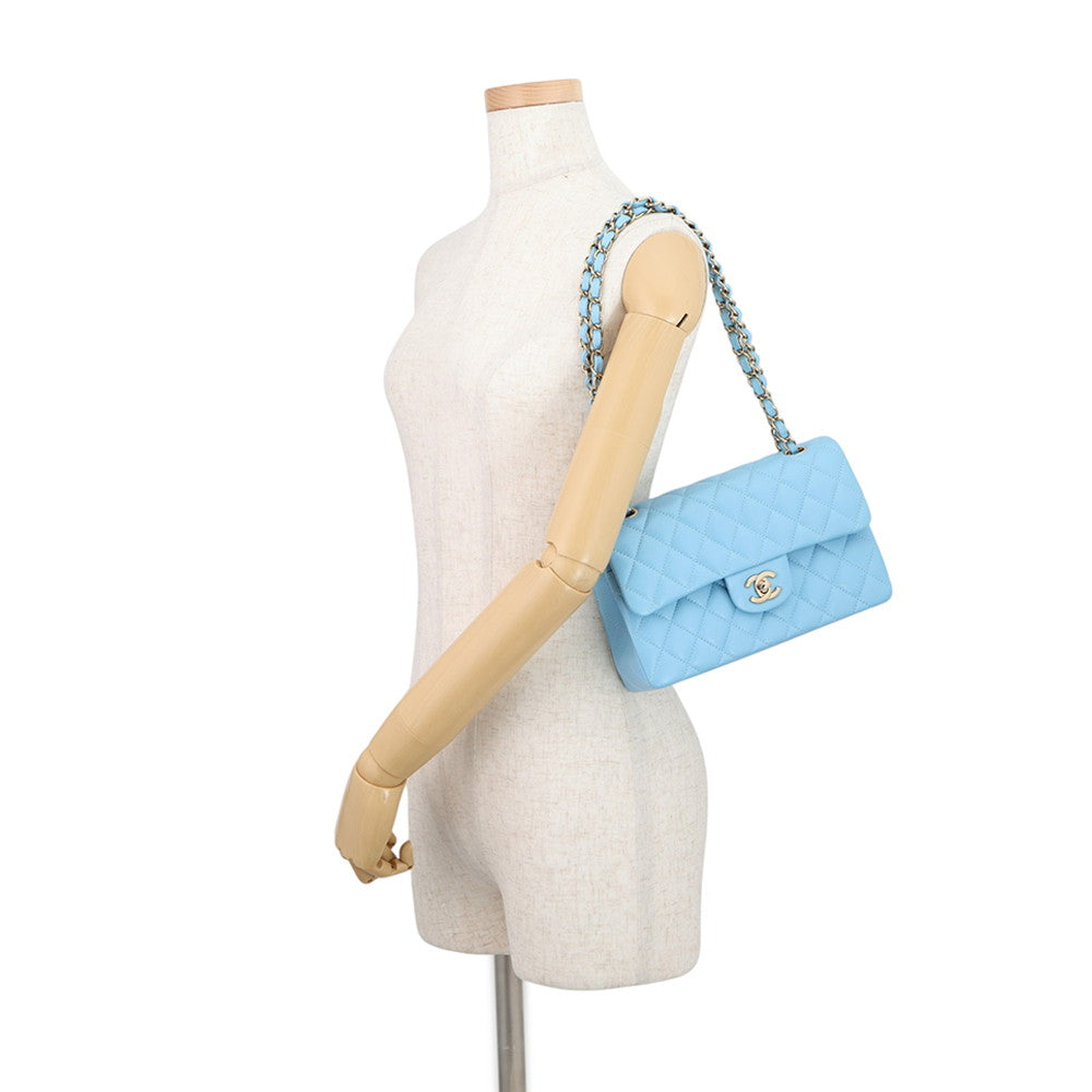 CHANEL Matelasse W Flap ChainShoulder Bag Sky BlueA01113 Caviar Leather Size 23
