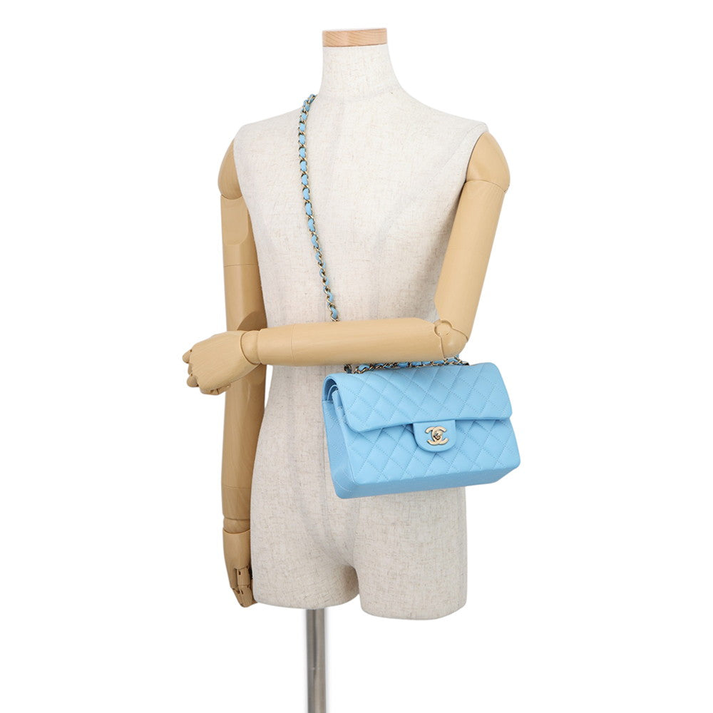 CHANEL Matelasse W Flap ChainShoulder Bag Sky BlueA01113 Caviar Leather Size 23