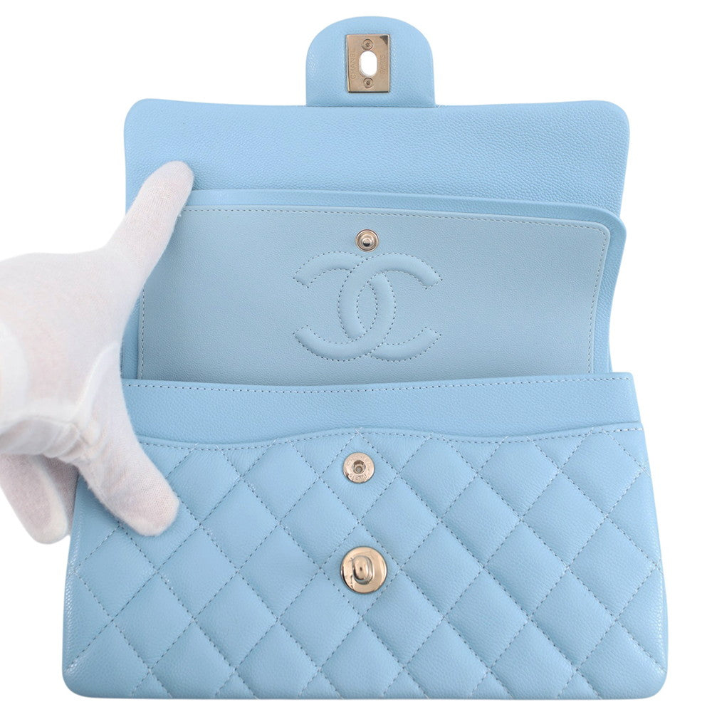 CHANEL Matelasse W Flap ChainShoulder Bag Sky BlueA01113 Caviar Leather Size 23