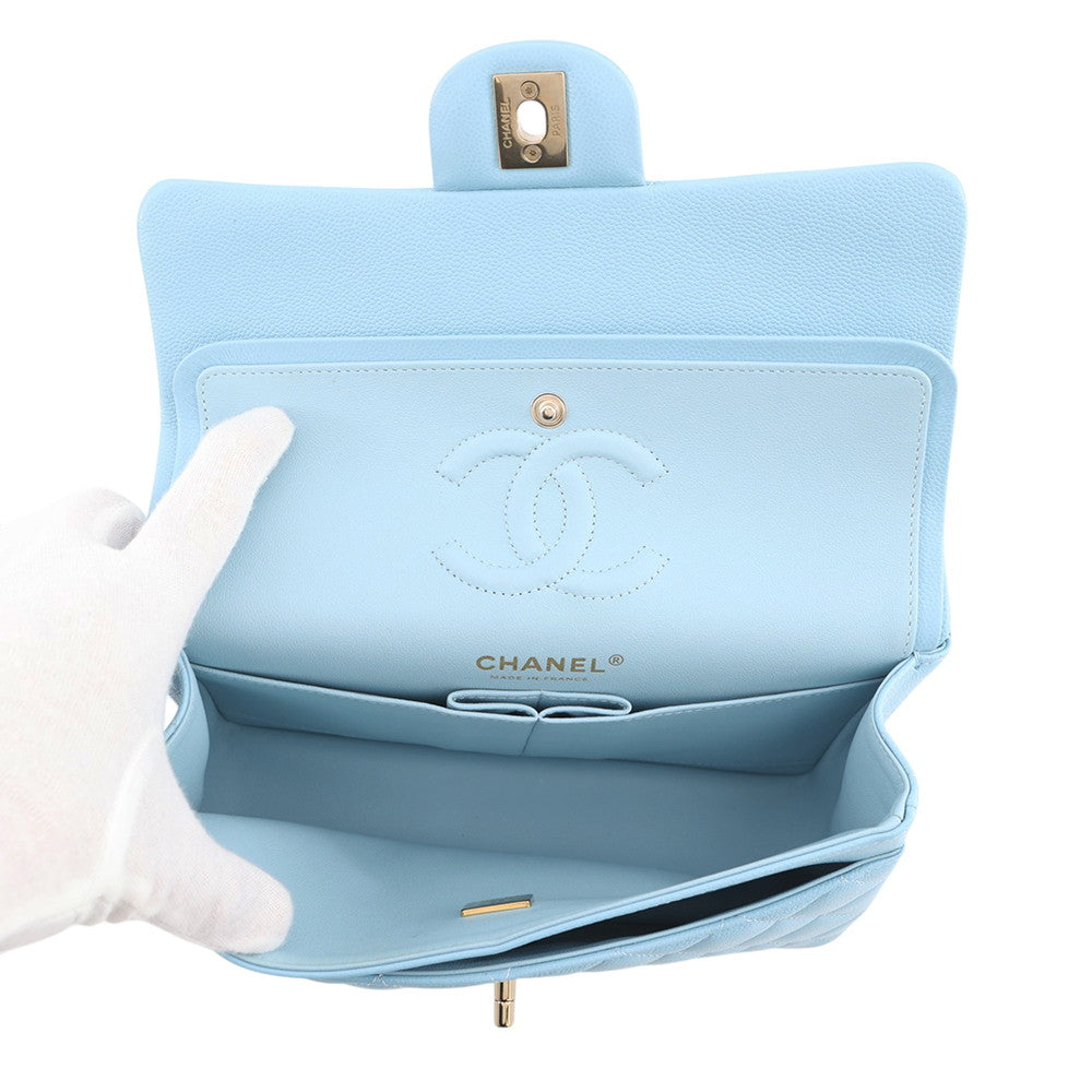 CHANEL Matelasse W Flap ChainShoulder Bag Sky BlueA01113 Caviar Leather Size 23