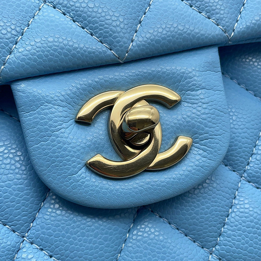 CHANEL Matelasse W Flap ChainShoulder Bag Sky BlueA01113 Caviar Leather Size 23