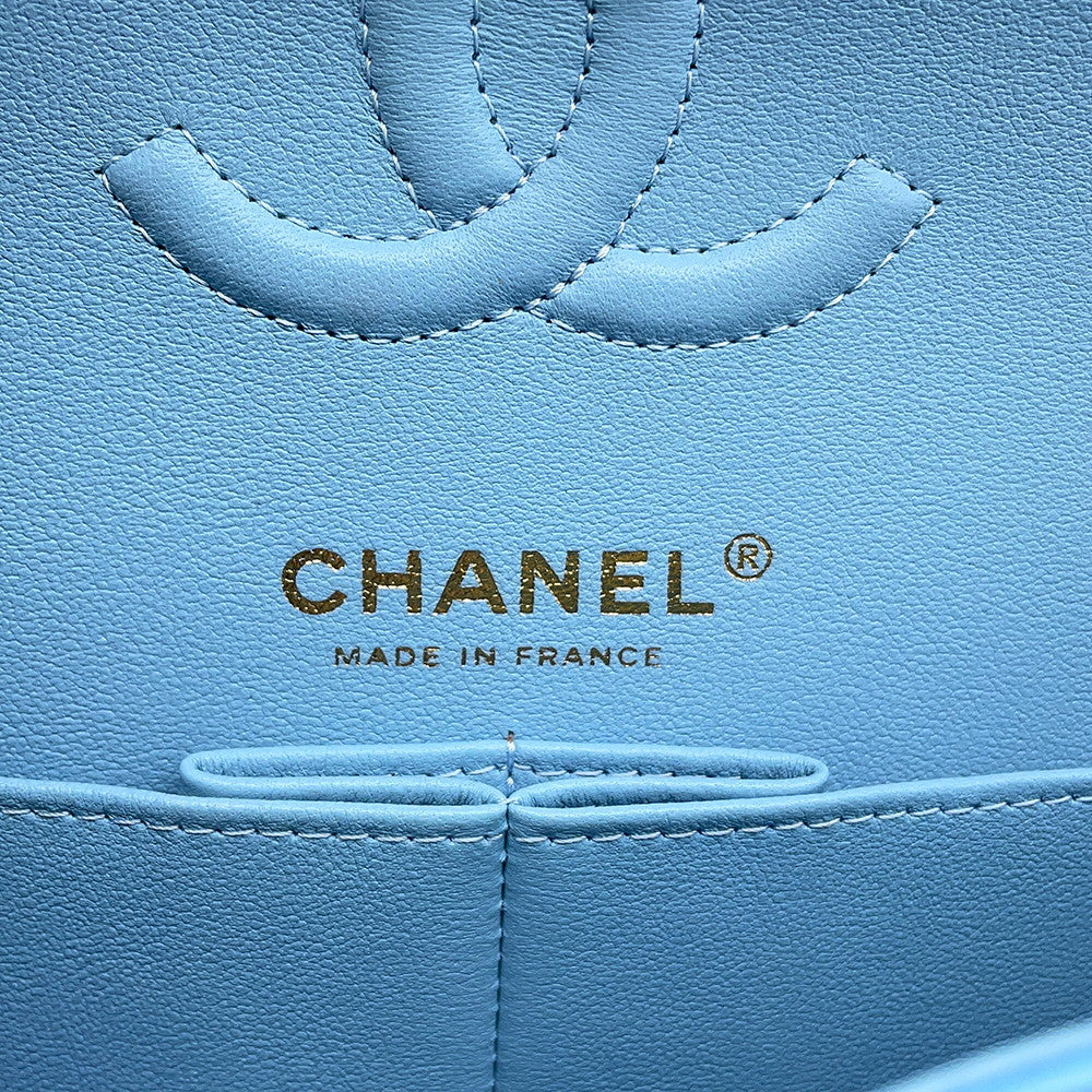 CHANEL Matelasse W Flap ChainShoulder Bag Sky BlueA01113 Caviar Leather Size 23