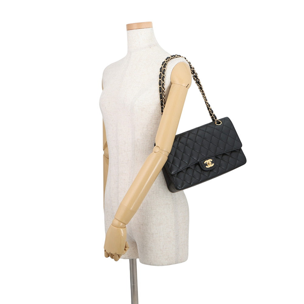 CHANEL Matelasse W Flap ChainShoulder Bag BlackA01112 Caviar Leather Size 25