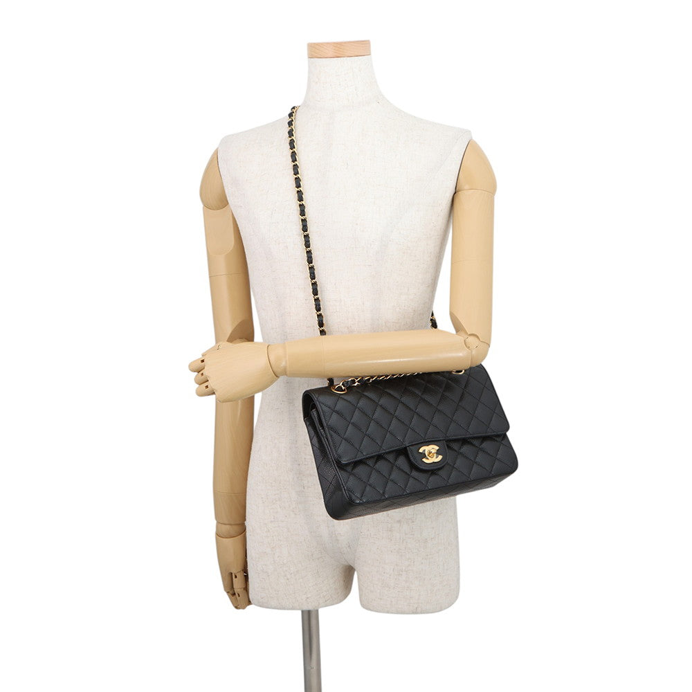 CHANEL Matelasse W Flap ChainShoulder Bag BlackA01112 Caviar Leather Size 25